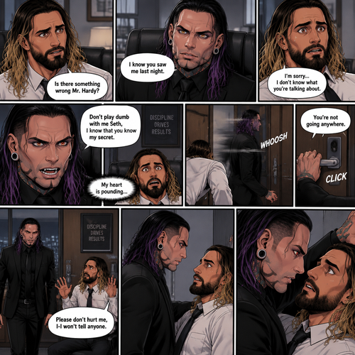 (Recap) Seth Rollins was working at an office building,last night,on his way home from the grocery store he heard a scream from an alleyway,He looked and saw a Vampire,He recognized the vampire…it was Jeff Hardy…his boss,Seth quietly ran home hoping Jeff didn’t see him,He had been thinking about that night all day,He was snapped out of his thoughts when someone tapped him on the shoulder,It was Jessica Jeff’s assistant,she told him that Jeff wanted to see him in his office,Dread washed over Seth’s face,He walked to Jeff’s office and knocked on the door’”Come in” said Jeff,Seth opened the door,”There he is,just the guy I wanted to see,shut the door behind you and take a seat” said Jeff,Seth closed behind him and took a seat. (And now part 2). “Is there something wrong Mr.Hardy?” Seth asked nervously. Jeff looked at Seth with a serious expression. “I know you saw me last night” said Jeff. Seth had a fearful expression on his face but tried to keep it cool. “I’m sorry…I don’t know what you’re talking about” said Seth. “Don’t play dumb with me Seth,I know that you know my secret” said Jeff. Seth’s heart was pounding. He was about to run to the door,but Jeff used his vampire speed to get there first and locked it. “You’re not going anywhere” Said Jeff. He slowly walked towards Seth. Seth slowly walked backwards. “Please don’t hurt me,I-I won’t tell anyone” Seth said. His back hit the wall. Jeff stood right in front of Seth,He pinned Seth to the wall. (End of part 2)