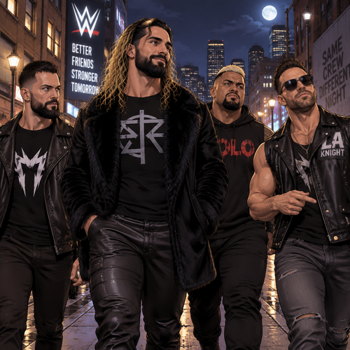 Seth Rollins and his Friends,Finn Bálor,Solo Sikoa and LA knight are walking down the road at night