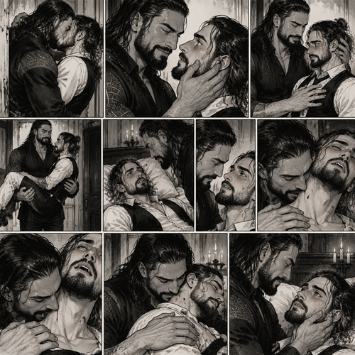 Part 3 of the Vampire x Butler story.Sill in the bedroom of the man of the house (Roman Reigns). He was kissing the Butler (Seth Rollins) against the wall. He smiled at Seth afterwards. Seth was flustered.Roman gently put his hand on Seth’s cheek. “You’re perfect” Roman said softly.Seth’s heart fluttered.Roman heard it,He gently placed his other hand on Seth’s chest to feel the heartbeat.After a while he lifted Seth into his arms.He walked to the bed and gently put Seth down on the bed.Seth looked up at Roman nervously. “Nervous?” Asked Roman. “Y-Yeah” Said Seth.Roman leaned forward towards Seth’s neck.He then wrapped his arms around him in his embrace.He put his lips on Seth’s neck.Seth’s breath hitched a little,Then….Roman’s fangs pierced Seth’s neck.Seth gasped softly.Roman Gently rubbed Seth’s shoulder. After about a minute,Roman removed his fangs from Seth’s neck. He gently caressed Seth’s cheek
