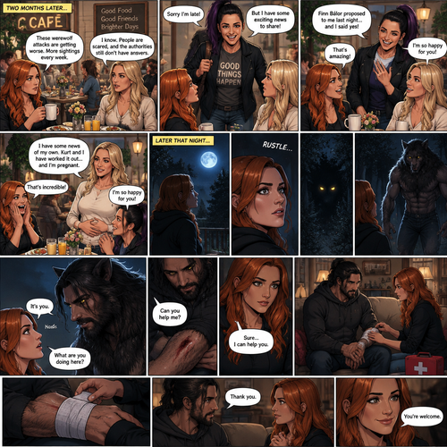 (Part 2 of the Werewolf X human story). It’s been two months since the night Becky Lynch and Her friends Charlotte Flair and Bayley saved the Man (Seth Rollins). They haven’t seen him since. Becky and charlotte were having brunch at a cafe,They were talking about the recent werewolf attacks. Then Bayley showed up late….with a happy grin on her face. She apologized for being late and sat at the table. Then she said she’s has some exciting news to share with the two of them….Finn Bálor proposed to her last night…and she said yes. Becky and Charlotte were happy and excited for Bayley. Then Charlotte said she’s has some news of her own. She and her husband (Kurt Wagner a.k.a nightcrawler) have worked it out…and She’s pregnant. Becky and Bayley were happy and excited for Charlotte. Later that night,Becky was in her backyard looking at the moon…then…She heard a noise from the forest near her house. She looked closely. A pair of Yellow eyes were looking at her. A werewolf slowly walked out of the forest and walked towards her. Her heart was pounding. The werewolf stood in front of her. She….recognized those eyes….it was the man Becky and the girls saved two months ago. “It’s you” said Becky. He nodded. “What are you doing here?” Becky asked. He shows her the wound on his arm…then he spoke “Can you help me?”. Becky looked at the wound. “Sure…I can help you” Said Becky. They went inside Becky’s house. Becky went to get the first aid kit and the werewolf sat down on the couch. She came back and gently treated the werewolf’s wound. After a while,she was finished. “Thank you” the werewolf said softly. “You’re welcome” Becky said softly 