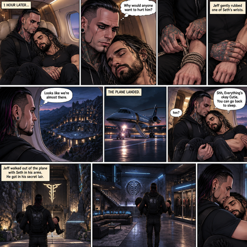 (Part 4). Still on the private plane. 1 hour had passed. The nefarious Jeff Hardy and Seth Rollins (A secret agent) were still asleep after Seth’s emotional breakdown. Seth’s wrists and ankles were still tied up and still in Jeff’s arms. Jeff woke up,He looked down at Seth who was still asleep. He thought back to Seth’s emotional breakdown About his past. Jeff had sadness in his eyes again,He looked at Seth’s wrists…and untied them. He gently rubbed one of Seth’s wrists. “Why would anyone want to hurt him?” Jeff quietly asked himself. Jeff looked out the window,His secret lair was in sight. “Looks like we’re almost there” Jeff said to himself. Jeff could wake Seth up….But he decided to let him sleep more. The plane landed. Jeff gently lifted Seth in his arms. Seth woke up a little “hm?”. “Shh,Everything’s okay Cutie,You can go back to sleep” Jeff said softly. Seth went back to sleep. Jeff walked out of the plane with Seth in his arms,He got in his secret lair