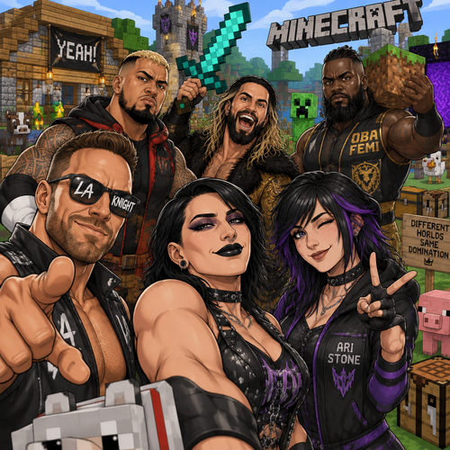 LA Knight,Solo Sikoa,Seth Rollins,Oba Femi,Rhea Ripley and Ari Stone (My wrestler oc) in Minecraft