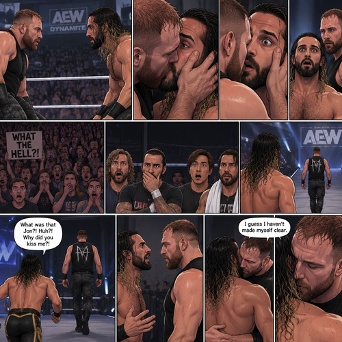 Jon Moxley and Seth Rollins were in a match against each other. It’s the main event. It seemed like it was gonna go on for a while…but then….something unexpected happened. Jon cupped his hands on Seth’s face….pulled him in…and kissed him. Seth’s eyes widened,The fans went crazy with shock,even some of the superstars that were watching were shocked. Jon then pulled away. Seth just stood there stunned. Jon didn’t say a word,he walked out of the ring and walked up the ramp. Seth eventually snapped out of it and left the ring to run to Jon. He managed to catch up to him. “What was that Jon?! Huh?! Why did you kiss me?!” Seth asked. Jon stopped walking and looked at Seth,He still didn’t say a word. He walked closer to Seth. He wrapped his arm around Seth’s waist and pulled him close,Then he whispered in Seth’s ear “I guess I haven’t made myself clear”.