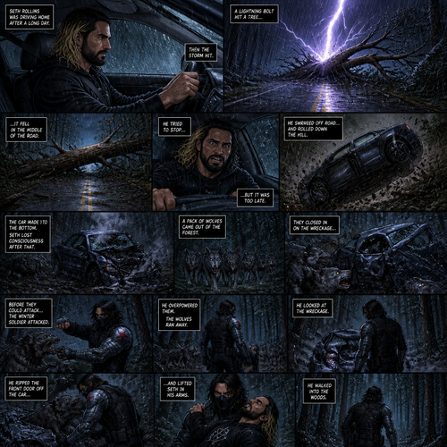 Seth Rollins was driving in his car,It started to rain outside.Then suddenly a lightning bolt hit a tree and it fell in the middle of the road.He Tried to stop…But ended up swerving off road and rolling down a hill.The car made it to the bottom,He lost consciousness after that.A pack of wolves came out of the forest,They closed in on the wreckage,Before they could attack…the winter soldier attacked them.He overpowered them,The wolves ran away.He looked at the wreckage,He walked towards it,He Sees Seth in the front seat,He ripped the front door off the car and lifted Seth in his arms.He walked into the woods
