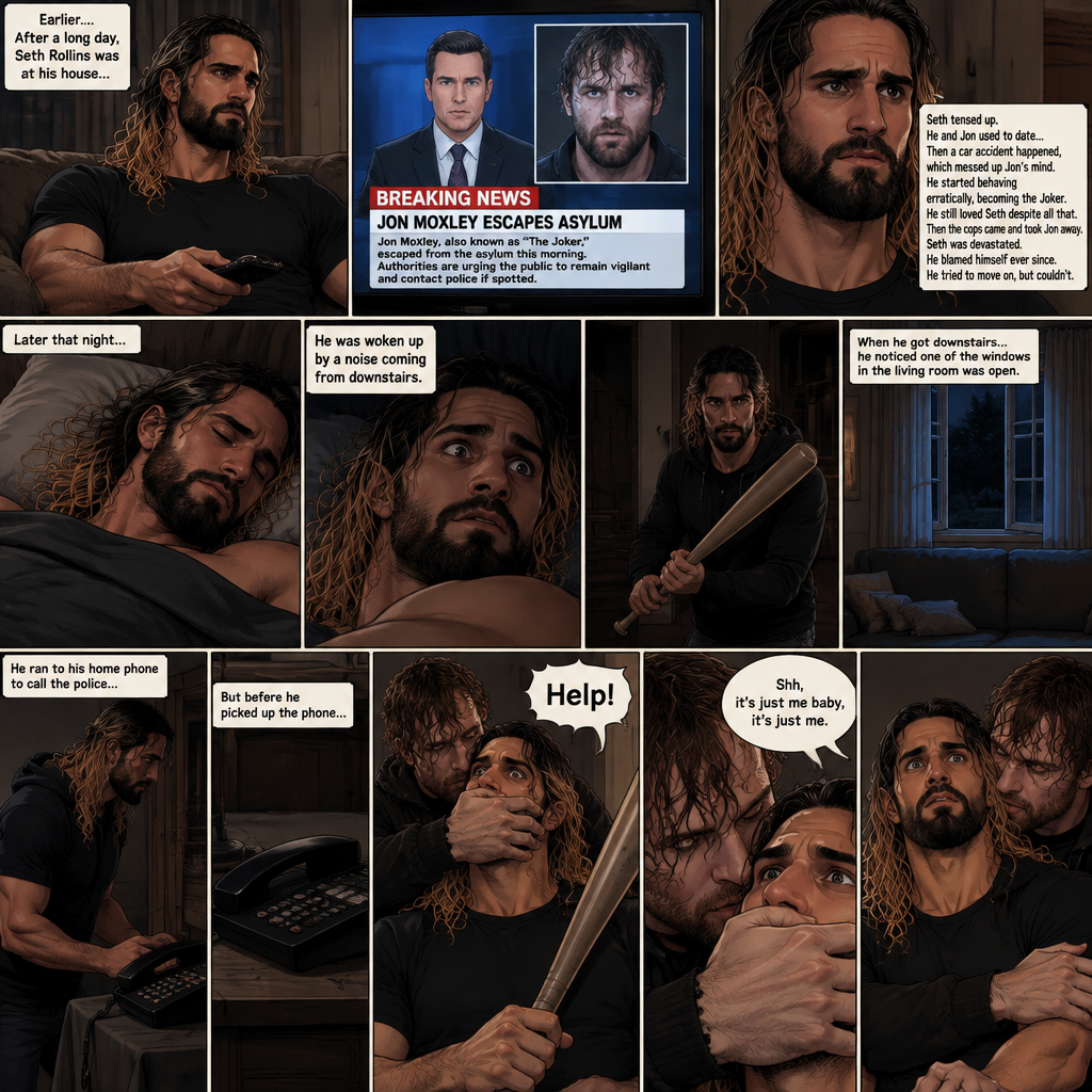 (Recap) Seth Rollins was at his house after a long day,A news report came on tv,The reporter said that Jon Moxley A.KA the Joker had escaped from the asylum that morning,Seth tensed up a bit,he and Jon used to date….then car accident happened witch messed up Jon’s mind,he started behaving erratically becoming the joker,he still loved Seth despite all that,then the cops came and took Jon away,Seth was devastated,he blamed himself ever since,he tried to move on but couldn’t. (And now part 2). Seth was asleep in his bed….then he was woken up by a noise coming from downstairs. He grabbed a bat and walked downstairs,when He got downstairs…he noticed…one of the windows in the living room was open. He got spooked. He ran to his home phone to call the police….but before he picked up the phone….someone grabbed him from behind. “Help!” Seth Yelled. The person covered Seth’s mouth. The person whispered In Seth’s ear “Shh,it’s just me baby,it’s just me”. Seth recognized that voice…it was Jon. He removed his hand from Seth’s mouth,then he wrapped his arms around Seth
