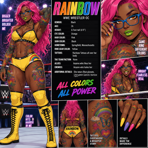 WWE wrestler oc info card Rainbow

Gender:Black
Age:26
Eye Color:Orange
Hair Color:Pink
Skin Color:Black
Hometown:Springfield,Massachusetts
Ring gear Color:Yellow
Tattoos:Rainbow Tattoos all over her body
Tag team/Faction:None
Allies:Anyone who likes her
Enemies:Anyone who hates her
Additional details:She wears Blue glasses,Lime green Lipstick,Rainbow nails,She’s 6 Foot tall
