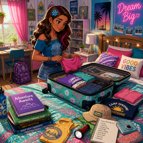 Light brown skin, brown, highlight pink, wearing a blue flower hair,  
Wide shot of Sarah’s colorful bedroom. An open suitcase sits on the bed with clothes, books, and camp supplies scattered around.