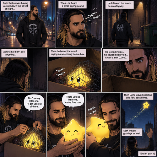 (Part 1 of the Seth Rollins x Princess Rosalina story). Seth Rollins was having a stroll down the street at night,then…he heard a small crying sound. He followed the sound to an alleyway. At first he didn’t see anything…then he heard the small crying noise coming from a box. He looked inside…he couldn’t believe it…it was a star (Luma). It was tangled up in a net. He got over his shock. “Don’t worry little one,I’ll get you out of there” said Seth. He gently untangled the net off Luma and gently picked  him up. “There you go little one,You’re free now” said Seth. Luma smiled with joy and nuzzled up against Seth. Then Luma waved goodbye and flew back home. Seth waved goodbye as well. (End of part 1)
