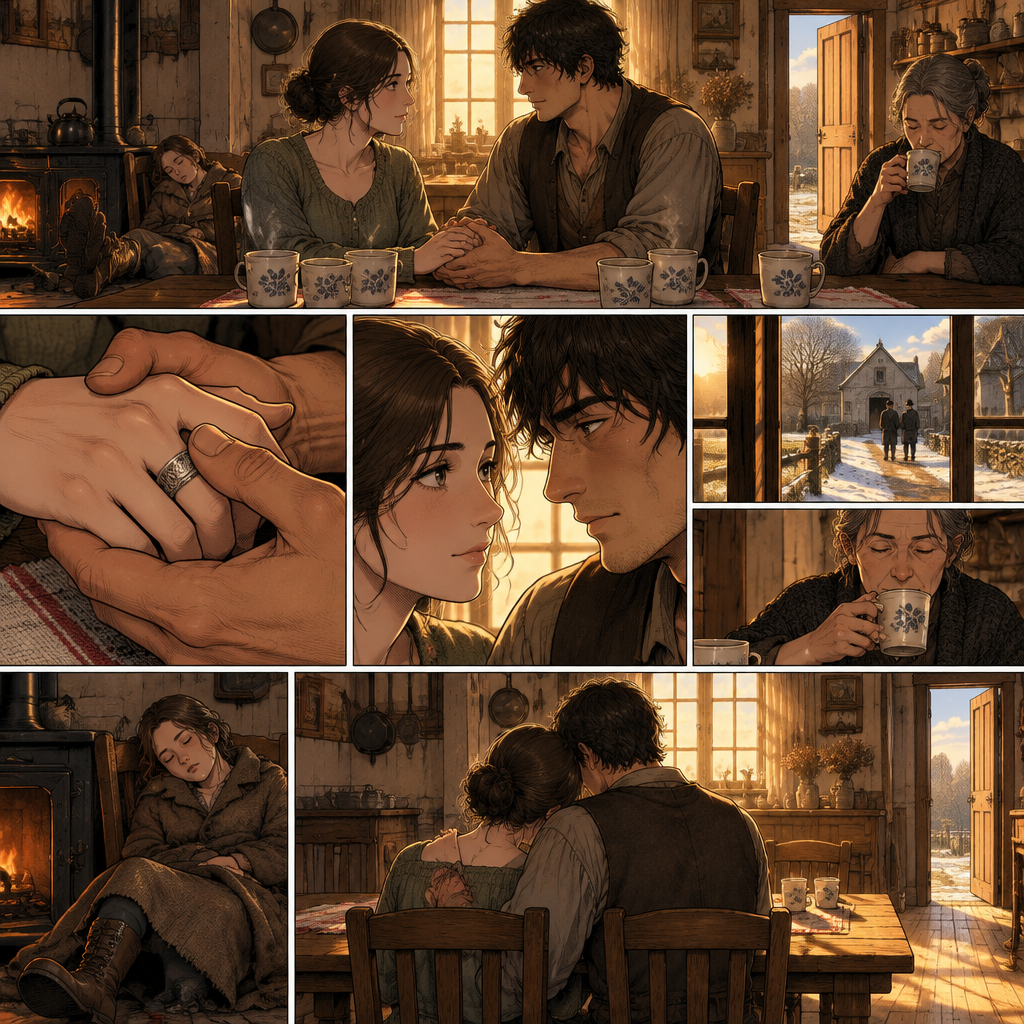 *Her fingers close through his and the pressed ring holds a hot seal between their palms, and the afternoon glides its long gold line across the kitchen glass. The old house holds them close under its roof — the stove ticking, the woman from the hollow asleep with one boot still on, his mother sat at her end with the ordinary cup gone cold. He does not pull his hand back. He turns hers over, presses the silver band flat once, and holds it there against his chest, thumb riding the ridge of it.*
*His eyes stay on hers while something in the slow, worn line of his shoulders gives over — not a surrender, a settling, the way a post knits itself into the frost it has been holding all winter. The whole of his frame leans toward her side of the table, and the long, gold afternoon keeps pouring through the glass as the heat off the stove pushes the cold back off the whole floor.*
*Beyond the pane, the lane lies clear and empty, the fog gone down hours ago, and the hall waits at the bottom of it with its two men and their crooked dates. None of it reaches the table. The four cups hold the heat. The woman's breath rises slow by the stove. His mother lifts the cold cup, drains the last of it, and sets it down with the others.*
*The whole of the ridge holds its ordinary, unhurried breath around the two of them — the open latch, the warm panes, the hand locked through his under the cloth. The afternoon sun creeps across the boards and off the table, and he holds her there in the long gold light, thumb still riding the silver band, the whole of the sentence they have been writing kept safe in that one small, permanent gesture.*