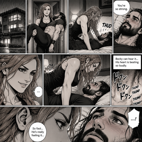 Part 3.Still is Seth Rollins’s house,Still raining outside,Becky Lynch was holding Seth Rollins in her arms,She walked to his bedroom while holding him.She gently put him down on the bed.He looked up at her while blushing. “You’re so strong” Said Seth.Becky simply smiled and got on top of him.Seth’s heart is beating loudly.Becky can hear it
