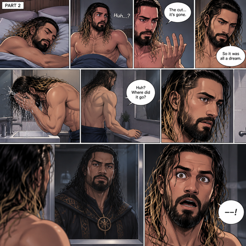 (Recap) Seth Rollins Was walking in the forest near his house,he discovered a statue of a sorcerer (Roman Reigns),he finds a hole on it,then he accidentally cuts his hand,A little bit of his blood dripped in the hole,then it broke apart…revealing the sorcerer himself,Seth was shocked,the sorcerer grabbed Seth’s wrist and pulled him closer,He looked at Seth’s eyes,then he used a spell to make Seth sleep,then he lifted Seth in his arms. (And now part 2). Seth was asleep on his bed,then he woke up. He sat up confused. He looked at his hand…the cut was gone. “So it was all a dream” Seth said to himself. He got up and walked to the bathroom,then he splashed cold water on his face. He reached for his hairbrush….it wasn’t there. “Huh? Where did it go?” Seth asked himself. He looks at the mirror….and sees the sorcerer. Seth gasped
