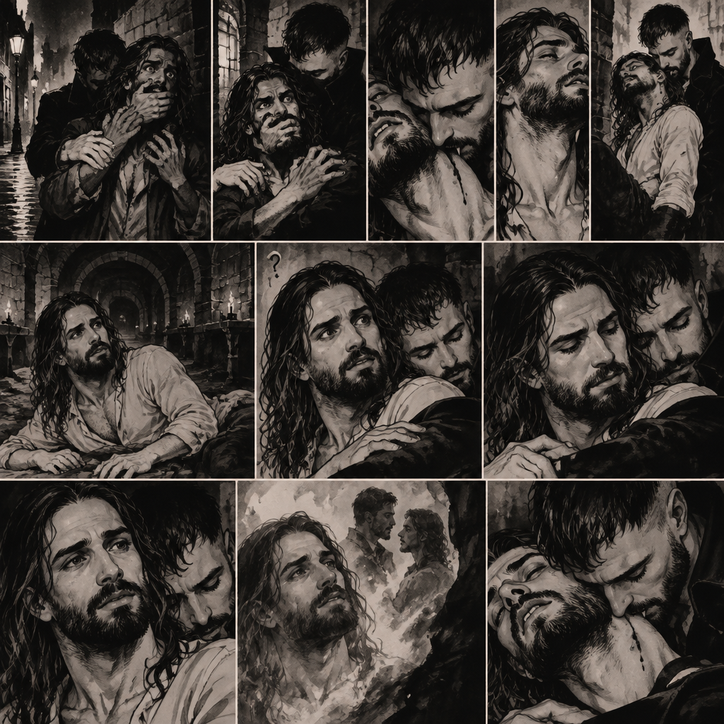 (Vampire Finn Bálor x Reincarnated Seth Rollins Part 3) The next morning,Seth slowly woke up. He was confused as to why he was in the catacombs.The last thing he remembered was walking on a sidewalk at night,Then someone (Finn Bálor grabbed him from behind,Covered his mouth with his hand and pulled him into an alleyway,He was struggling to get free from the person but he was somehow stronger than him,The person got irritated and told him to stop struggling,Then the person sniffed his neck and said that his blood smelled good,His heart was pounding with fear,The person said to Don’t be afraid and that it wouldn’t hurt much,Then the person’s fangs pierced his neck,It hurt a little,The person held him,After about 8 minutes the person removed his fangs from his neck,he was barely conscious,The person lifted him in his arms. That’s all he remembered. He wanted to get up…But a pair of arms was holding him from behind him. He looked behind him,The person was asleep behind him. Seth strangely felt safe in his arms,He didn’t know why. His embrace also felt familiar to him…As if…he knew it before..He didn’t know why. He was lost in thought….Then he felt the person kissing his neck