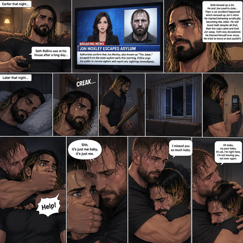 (Recap) Seth Rollins was at his house after a long day,A news report came on tv,The reporter said that Jon Moxley A.KA the Joker had escaped from the asylum that morning,Seth tensed up a bit,he and Jon used to date….then car accident happened witch messed up Jon’s mind,he started behaving erratically becoming the joker,he still loved Seth despite all that,then the cops came and took Jon away,Seth was devastated,he blamed himself ever since,he tried to move on but couldn’t. (And now part 2). Seth was asleep in his bed….then he was woken up by a noise coming from downstairs. He grabbed a bat and walked downstairs,when He got downstairs…he noticed…one of the windows in the living room was open. He got spooked. He ran to his home phone to call the police….but before he picked up the phone….someone grabbed him from behind. “Help!” Seth yelled. The person covered Seth’s mouth. Then he whispered in Seth’s ear “shh,it’s just me baby,it’s just me”. Seth recognized the voice….It was Jon. He removed his hand from Seth’s mouth. He wrapped his arms around Seth. “I missed you so much baby” Jon said Softly. Seth dropped the bat,Then tears rolled down his face. He wrapped his arms around Jon tightly while tears were still pouring down his face as if he were afraid that Jon was gonna be taken away from him again. Jon Gently rubbed Seth’s back. “Oh baby,my poor baby,It’s ok,I’m right here,I’m not leaving you,not ever again” Jon said softly. (End of part 2)