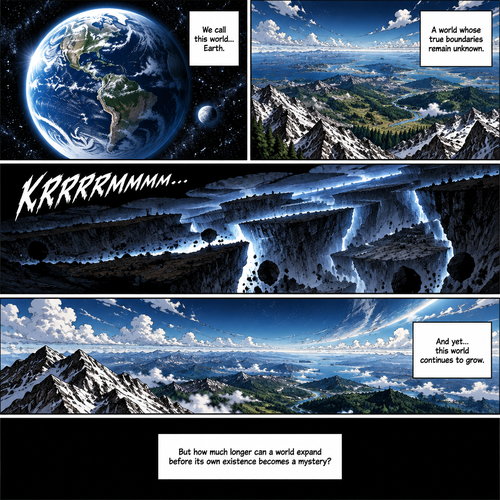 PANEL 1 — THE BLUE PLANET

A breathtaking view of Earth from space. Blue oceans stretch across the planet, clouds swirl over enormous continents, and countless stars shine in the darkness. Earth looks peaceful and ordinary.

NARRATION:
“We call this world… Earth.”

PANEL 2 — BEYOND THE HORIZON

A vast landscape stretches farther than the eye can see. Towering mountain ranges, endless forests, enormous oceans, and distant lands disappear into the horizon. The scale feels almost impossible to comprehend.

NARRATION:
“A world whose true boundaries remain unknown.”

PANEL 3 — THE IMPOSSIBLE EXPANSION

Deep beneath the surface, far away from every living observer, the very structure of the world appears to stretch outward. Enormous cracks of light trace through the darkness as distant layers of land shift and new spaces emerge beyond the existing world.

No person is visible. No explanation is given.

SFX: KRRRRRMMMM…

PANEL 4 — A WORLD WITHOUT LIMITS

Return to the surface. A distant mountain range stands beneath a vast, unfamiliar sky. Everything appears normal, and no one seems to notice anything unusual.

NARRATION:
“And yet… this world continues to grow.”

FINAL PANEL — BLACK

A completely black panel. No character, no explanation, only one final line.

NARRATION:
“But how much longer can a world expand before its own existence becomes a mystery?”
