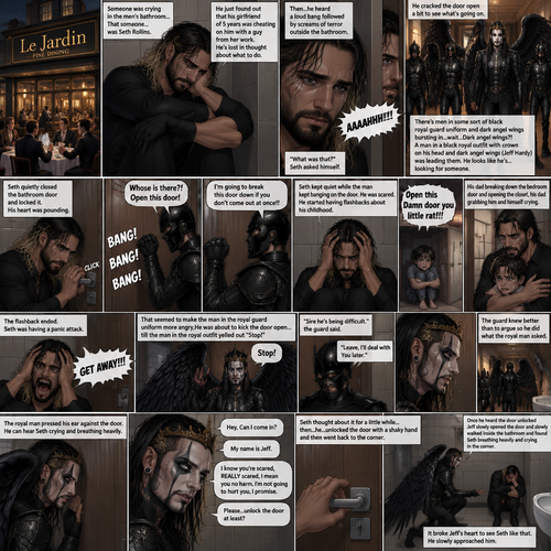 There’s a fancy restaurant,someone was crying in the men’s bathroom,That someone…was Seth Rollins. He just found out that his girlfriend of 5 years was cheating on him with a guy from her work. He’s Lost in thought about what to do. He was snapped out of his thoughts…when…he heard a loud bang followed by screams of terror outside the bathroom. “What was that?” Seth asked himself. He cracked the door open a bit to see what’s going on. There’s men in some sort of black royal guard uniform and dark angel wings bursting in…wait…Dark angel wings?!. A man in a black royal outfit with a crown on his head and dark angel wings (Jeff Hardy) was leading them,He looks like he’s…looking for someone. Seth quietly closed the bathroom door and locked it,his heart was pounding. Then…One of the men in royal guard uniform tried jiggling the bathroom door handle. Seth slowly and quietly backed away from the door. The man in the royal guard uniform banged on the door. “Whose is there?! Open this door!” The man in the royal guard uniform yelled. Seth kept quiet while the man kept banging on the door. “I’m going to break this door down if you don’t come out at once!!” The man in the royal guard uniform yelled. Seth was scared,He stared having flashbacks about his childhood. His dad yelling at him “Open this Damn door you little rat!!!”. Seth crying and hiding in the closet,his dad breaking down the bedroom door and opening the closet,his dad grabbing him and himself crying. The flashback ended. Seth was having a panic attack. “GET AWAY!!!” Seth yelled at the door. That seemed to make the man in the royal guard uniform more angry,He was about to kick the door open…till the man in the royal outfit yelled out “Stop!” At the guard. The guard backed down. The man in royal outfit walked over to the guard. “Sire he’s being difficult” the guard said. “Leave,I’ll deal with You later” the royal man said to the guard. The guard knew better than to argue so he did what the royal man asked. The royal man pressed his ear against the door,He can hear Seth crying and breathing heavily. Seth was still having a panic attack. The royal man gently knocked on the door. “Hey,Can I come in?” The royal man asked. Seth didn’t move. “My name is Jeff” said Jeff. “I know you’re scared,REALLY scared,I mean you no harm,I’m not going to hurt you,I promise” Jeff said softly. “Please…unlock the door at least?” Jeff asked politely. Seth thought about it for a little while…then…he…unlocked the door with a shaky hand and then went back to the corner. Once he heard the door unlocked Jeff slowly opened the door and slowly walked inside the bathroom and found Seth breathing heavily and crying in the corner. It broke Jeff’s heart to See Seth like that,He slowly approached him