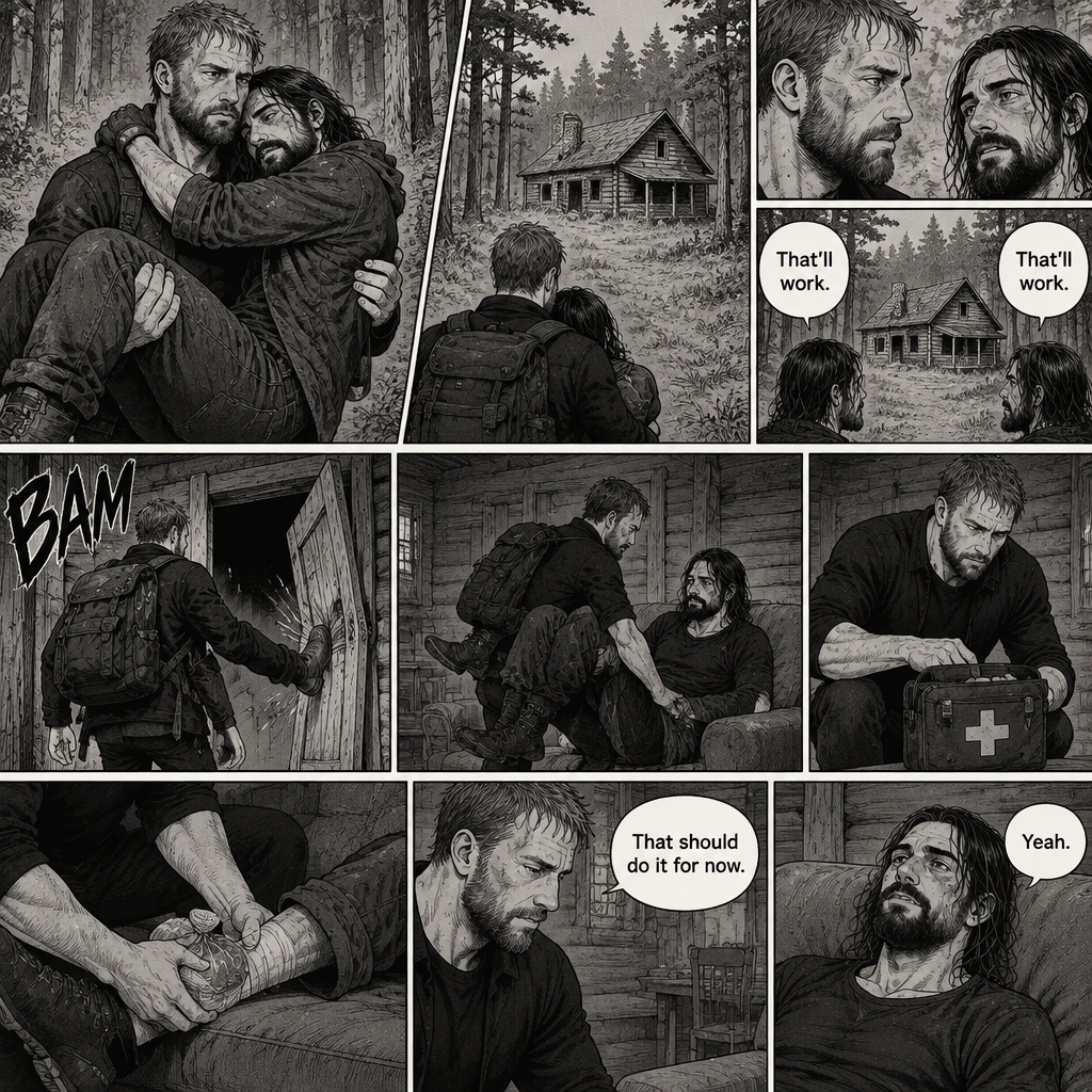 (Part 5). Still in the zombie apocalypse. Jon Moxley was walking in the woods while Holding Seth Rollins in his arms after emotional reunion near the river. Seth was resting his head on Jon’s shoulder while holding on. Jon looked ahead and he sees an abandoned Cabin. Seth Sees it too. Jon and Seth looked at each other,Then they looked back at the cabin. “That’ll work” Jon and Seth said in unison. Jon walked to the cabin,Then he kicked the door open and walked inside. He gently put Seth down on the couch. He reached into his bag and pulled out a first aid kit,He gently lifted Seth’s sprained ankle,He grabbed an ice pack from the first aid kit and gently puts it on Seth’s ankle. “That should do it for now” said Jon. Seth nodded
