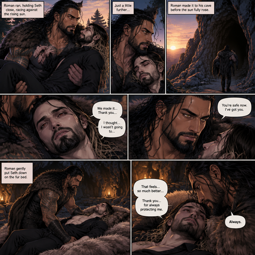 (Part 2 of the Werewolf x vampire story). Roman Reigns (The werewolf) was running to his cave with Seth Rollins (The vampire) in his arms to get him out of the sun. Roman managed to get there before the sun fully rose. Seth was relieved. Roman gently put Seth down on the fur bed