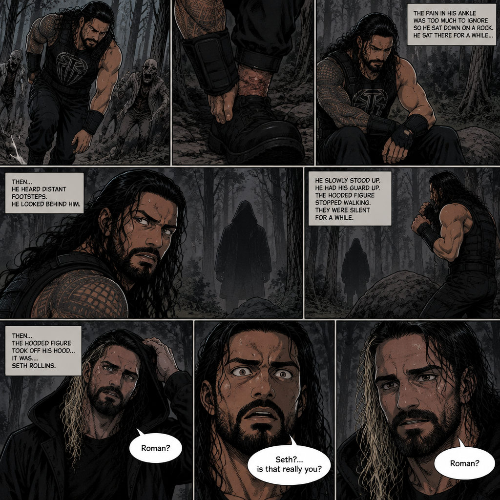 Roman Reigns is in a zombie apocalypse,He walking in the woods. He hurt his ankle while running away from a zombie horde. He’s far away from them and limping in the woods. The pain in his ankle was too much to ignore so he sat down on a rock,he sat there for a while….then….he heard distant footsteps. He looked behind him. There’s a hooded figure in the distance. He slowly stood up,he had his guard up. The hooded figure stopped walking. They were silent for a while. Then….the hooded figure took off his hood…it was….Seth Rollins. “Roman?” Said Seth. Roman’s eyes widened. “Seth?…is that really you?” Roman asked
