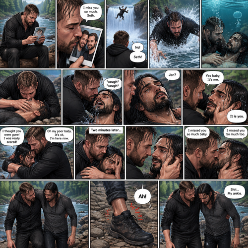 (Recap) Still in the zombie apocalypse. (This was Jon Moxley’s POV). Jon sat on a log near the river alone looking sad,He was looking at a romantic photo of him and Seth Rollins before the apocalypse began,He thought Seth died the day of the apocalypse started 4 years ago,He gently kissed the photo and said he misses Seth So much,He saw someone fall down the waterfall,he jumped in the water,As he swam he got a better look at the person,It turned out to be Seth,He swam faster and got him,He was to shore and Gently placed Seth’s down,He did CPR and mouth to mouth on Seth,When all hope seemed lost Seth coughed out water,Jon gently held Seth with tears of joy streaming down his face,Seth slowly opened his eyes,”Jon?” Seth asked weakly. (And now part 4). Jon gently placed his hand on Seth’s cheek. “Yes baby,It’s me” Jon said Softly. Seth gently placed his hand on Jon’s cheek to see if he’s real,Tears streamed down his face. “It is you” Seth said through his tears. Jon gently pulled Seth into a hug,Seth cried on Jon’s shoulder. Jon gently stroked the back of Seth’s head while Seth continued to cry on Jon’s shoulder. “I thought you were gone!,I was really scared!” Seth said through his tears. “Oh my poor baby,It’s ok,I’m here now” Jon said softly. Jon Gently rubbed Seth’s back to try to soothe him. After 2 minutes,Seth slowly stopped crying. They looked at each other,Jon gently wiped away the tears on Seth’s face,Then they kissed each other. “I missed you so much baby” Jon said softly. “I missed you So much too” Seth said softly. They stood up….then pain shut up Seth’s sprained ankle
