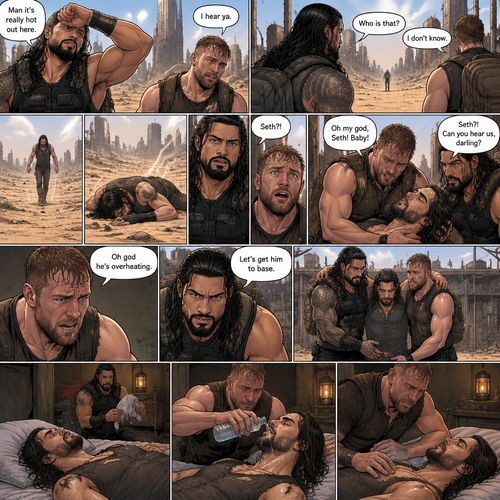 It’s a post apocalyptic world,Roman Reigns and Jon Moxley were side by side surviving the apocalypse together.They fought Bandits and raiders and scavenged for supplies.One day it was really hot outside. “Man it’s really hot out here” Said Roman. “I hear ya” Said Jon.They were about to head back to their base…then they see a person in the distance,He looked like he was overheating. “Who is that?” Asked Jon “I don’t know” said Roman.The person must’ve saw them because he began to walk towards them,but before he got closer to them he passed out due to overheating.Roman and Jon looked at each other,and then walked towards the unconscious man.when they got closer…they recognized him,They shocked…they ran towards him….It was Seth Rollins.Jon had tears in his eyes. “Oh my god,Seth! Baby!” Said Jon as he pulled Seth in his embrace. “Seth?! Can you hear us,darling?” Said Roman.Seth’s breathing was a bit shallow. “Oh god he’s overheating” Said Jon. “Let’s get him to base” said Roman.They carried him to their base.They put him on the bed,Roman went to go find a cloth while Jon went to go get a bottle of water.Jon quickly came back with a bottle of water,He gently sat Seth’s unconscious body up and poured the water into Seth’s mouth.Seth subconsciously swallowed the water,Jon was relieved,He Put the water bottle down and gently laid Seth back down on the bed afterwards
