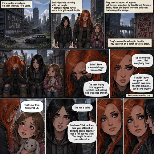 It’s a zombie apocalypse,It’s been that way for 6 years,Becky lynch is surviving with two people,A teenager named Raven and a little girl named Sophie. They used to be part of a group…but they got wiped out by Bandits and Zombies,Becky,Raven and Sophie were the only ones that managed to escape. They’re currently walking in the city. They sat down on a bench to take a break. They were silent for a while. Then…Becky started to cry. Raven and Sophie were concerned. “I don’t know how much longer I can do this” Said Becky. “I’ve been trying to bring people together…but nothing I did was good enough” Becky continued. “I’ve let you two down…I let everybody down” Becky continued. “I couldn’t save our group…hell i couldn’t even save the man I loved!!…I can’t save anyone!” Becky continued. Becky continued to cry. Raven and Sophie were sad to see Becky like this. “That’s not true” said Sophie. “You saved US” Sophie continued. Becky looked at Sophie. “She has a point” said Raven. Becky looked at Raven. “You haven’t let us down,Sure your attempt at bringing people together was a fail but you tried,You fought for what you believed in” Raven continued