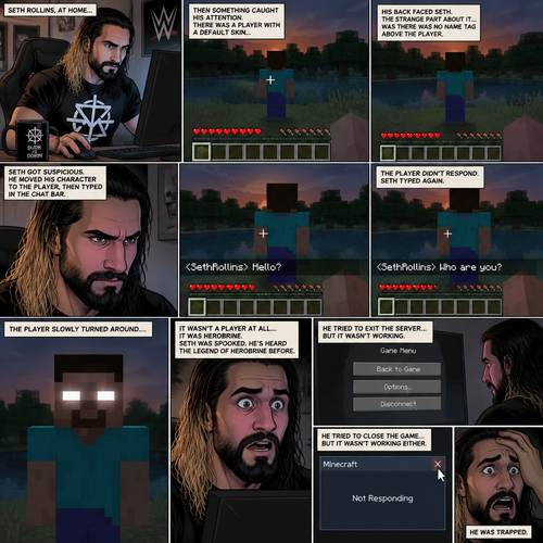 Seth Rollins was playing Minecraft alone on his computer,Then he noticed something. There was a player with a default skin,His back faced Seth. The strange part about it…was there was no name tag above the player. Seth was getting suspicious. He moved his character to the player,Then he typed in the chat bar “Hello?”. The player didn’t respond. Seth typed in the chat bar again “Who are you?”. The player slowly turned around….it wasn’t a player at all….It was Herobrine. Seth was spooked,He’s heard the legend of Herobrine before. He tried to exit the server…But it wasn’t working,He tried to close the game…but it wasn’t working either