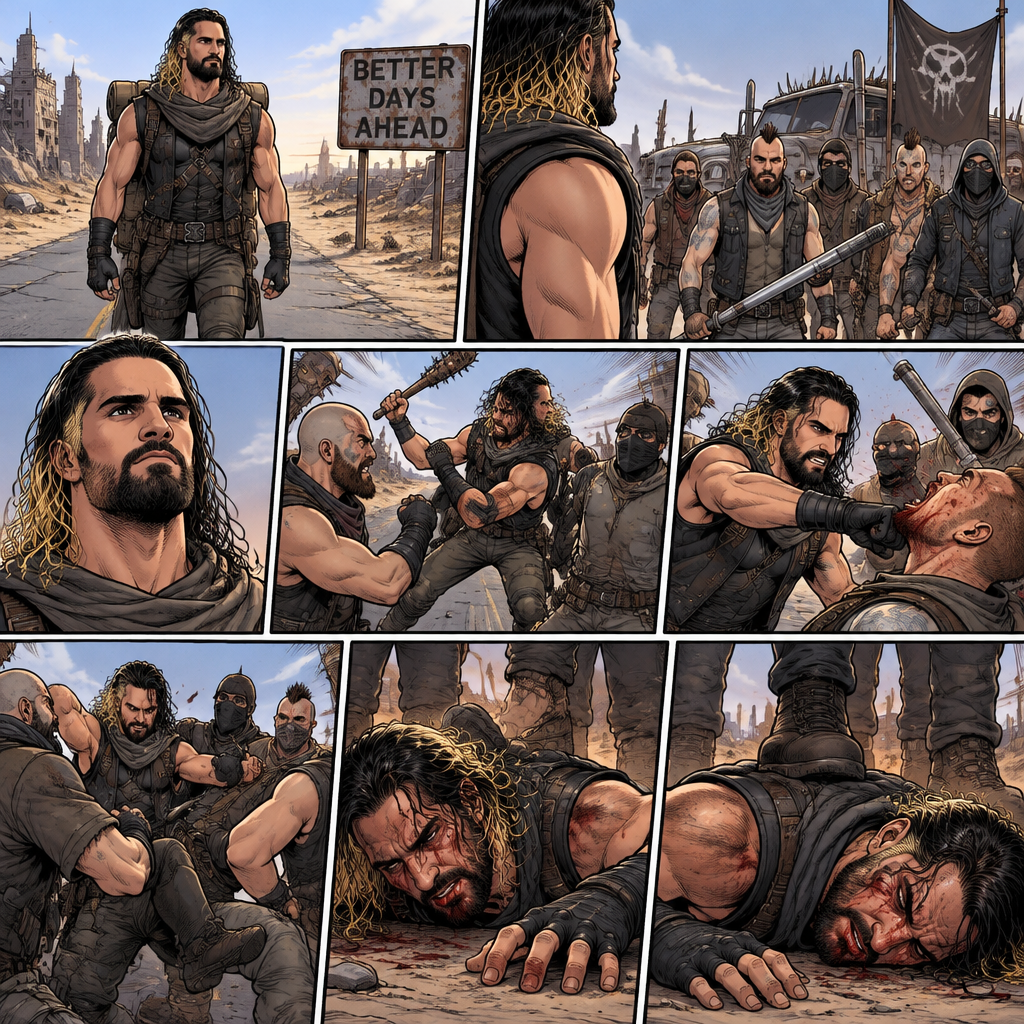 Seth Rollins is a wasteland wonderer,He was just walking down the road. Then suddenly….A group of bandits appeared. Seth stood his ground. Then….the bandits attacked and Seth fought back. He fought back as hard as he could…but eventually he was overpowered. The bandits beat him up really badly