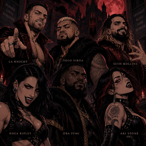 LA Knight,Solo Sikoa,Seth Rollins,Oba Femi,Rhea Ripley and Ari Stone (My wrestler oc) as vampires 