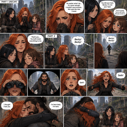 (Recap)It’s a zombie apocalypse,It’s been that way for 6 years,Becky lynch is surviving with two people,A teenager named Raven and a little girl named Sophie,They used to be part of a group…but they got wiped out by Bandits and Zombies,Becky,Raven and Sophie were the only ones that managed to escape.m,They’re currently walking in the city,They sat down on a bench to take a break,They were silent for a while,Then Becky started to cry,Raven and Sophie were concerned,Becky felt like nothing she did was good enough and that she couldn’t save anyone even the man she loved,Raven and Sophie were sad to see Becky like this,They reassured her,Becky smiled softly,They all hug each other. (And now part 2). Becky,Raven and Sophie were still sitting on the bench. Then…they heard a faint voice calling Becky’s name. They looked…and see a figure running towards them and calling Becky’s name in the distance. Becky grabbed her binoculars to see who it is. She couldn’t believe it…it was…The man she loved…the one who she thought she lost…Seth Rollins. Becky lowered her binoculars,her eyes widened in shock. “Seth?” Becky asked. Becky smiled and tears of joy rolled down her face. She ran towards him calling his name. They got to each other and hugged each other and cried tears of joy. “I thought I lost you” Becky said through her tears. “I’m here baby,I’m here” Said Seth. Raven and Sophie were watching