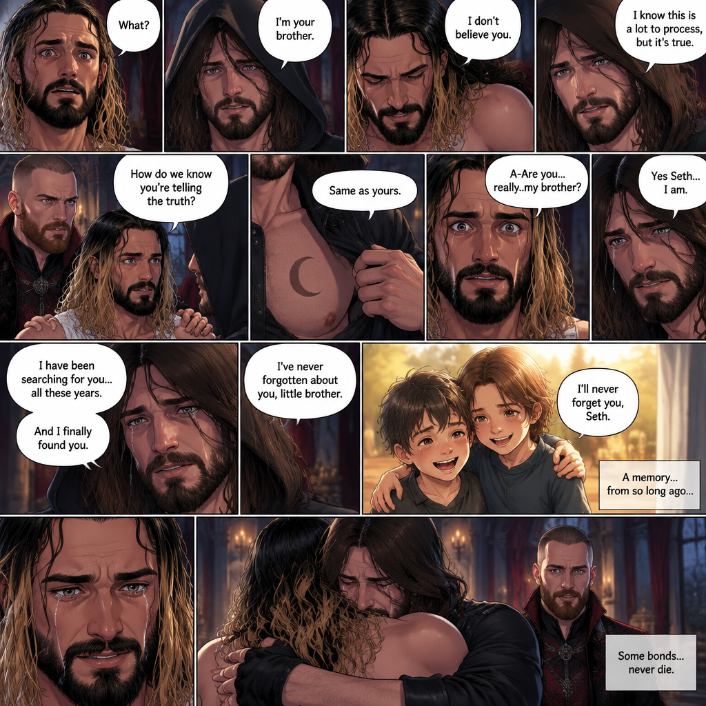 (Recap) Seth Rollins (The vampire hunter turned Bride of the vampire king) was looking at himself in the mirror reeling in the fact that he’s getting married to the vampire king next week,his heart knows that,Then he saw a mysterious figure (Aj Styles) who was standing right behind him in the reflection,Jon Moxley (The vampire king) was handling the wedding preparations,then he heard a loud crash and Seth yelling “LET ME GO!!!” In the bedroom,he used his vampire speed to rush to the bedroom,The mysterious figure tries to drag Seth out the window,Seth struggles,Jon arrives just in time and attacks the mysterious figure,after that he rushes to Seth to see if he’s ok,the mysterious figure slowly gets up,Jon is about to attack,Then the mysterious figure spoke “Wait!”,”Seth…please listen to me,Seth was confused by how the man knew his name,The mysterious figure takes off his hood and drops a bombshell “My name is Aj…I’m your brother Seth,Jon and Seth were shocked by what he said. (And now part 7). Seth was stunned. “What?” Seth asked. “I’m your brother” said Aj. Seth shook his head a little. “I don’t believe you” Said Seth. “I know this is a lot to process,but it’s true” said Aj. Jon gently pulled Seth to his side. “How do we know you’re telling the truth?” Jon asked cautiously. Aj shows his birthmark,It’s the shape of a crescent moon…just like Seth’s. Seth was stunned,All this time….he thought he was the only one with that birthmark. “A-Are you…really..my brother?” Seth asked. “Yes Seth…I am” said Aj. “I have been searching for you…all these years” Aj paused,Tears welling up in his eyes. “And I finally found you” Aj continued. Seth didn’t know what to say,Neither did Jon. “I’ve never forgotten about you,little brother” Said Aj. Something flashed in Seth’s mind…it was a memory….of himself and Aj when they were little. Aj (as a kid) had promised Seth he would never forget him. The flashback ends. Tears welled up in Seth’s eyes. Seth and Aj hugged each other. Jon just watched
