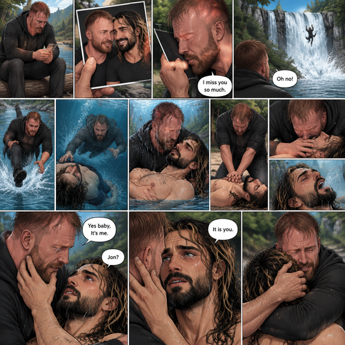 (Recap) Still in the zombie apocalypse. (This was Jon Moxley’s POV). Jon sat on a log near the river alone looking sad,He was looking at a romantic photo of him and Seth Rollins before the apocalypse began,He thought Seth died the day of the apocalypse started 4 years ago,He gently kissed the photo and said he misses Seth So much,He saw someone fall down the waterfall,he jumped in the water,As he swam he got a better look at the person,It turned out to be Seth,He swam faster and got him,He was to shore and Gently placed Seth’s down,He did CPR and mouth to mouth on Seth,When all hope seemed lost Seth coughed out water,Jon gently held Seth with tears of joy streaming down his face,Seth slowly opened his eyes,”Jon?” Seth asked weakly. (And now part 4). Jon gently placed his hand on Seth’s cheek. “Yes baby,It’s me” Jon said Softly. Seth gently placed his hand on Jon’s cheek to see if he’s real,Tears streamed down his face. “It is you” Seth said through his tears. Jon gently pulled Seth into a hug,Seth cried on Jon’s shoulder. Jon gently stroked the back of Seth’s head while Seth continued to cry on Jon’s shoulder.