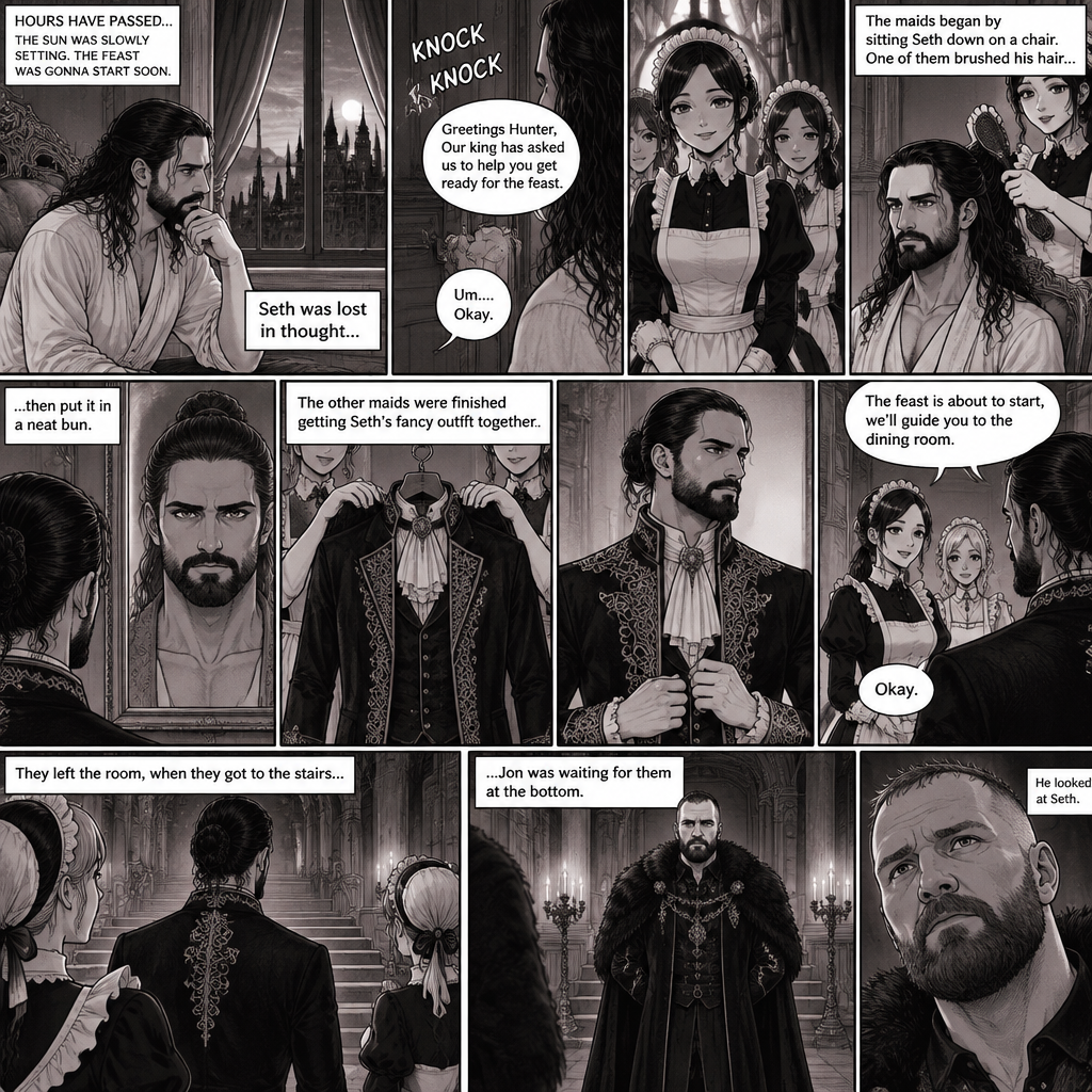 (Recap) Seth Rollins (The vampire hunter) woke up in a Royal bedroom,He finds a note on a nightstand that says “My little hunter,If you are reading this that means you’re awake,I had go out to do my royal duties,In case you’re wondering where you are,you’re in my castle completely safe,I bet you’re wondering why I took you here,I will explain everything soon,There’s going to be a royal feast tonight where I will announce who my bride is,I wish for you to be there,See you tonight my dear, Love Jon”,Then he walked to a mirror and gently traced the bite mark on his neck and wondered what the vampire king (Jon Moxley) wanted with him. (And now part 3). Hours have passed,the sun was slowly setting,The feast was gonna start soon. Seth was lost in thought,Then there was a knock on the door. He got up and opened it,The palace maids were there. “Greetings Hunter,Our king has asked us to help you get ready for the feast” said one of the maids. “Um….Okay” Said Seth. The maids walked in,They began by sitting Seth down on a chair,One of them grabbed a hairbrush and brushed his hair while the other maids went to get a fancy outfit together. After she was done brushing Seth’s hair the maid then put it in a neat bun. Seth looked in the mirror. The other maids were finished Getting Seth’s fancy outfit together. Seth puts it on. “The feast is about to start,we’ll guide you to the dining room” said one of the maids. They left the room,when they got to the stairs…Jon was waiting for them at the bottom. He looked at Seth
