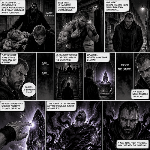 Jon Moxley as a vigilante born from tragedy. When he was 18 years old his family was murdered by a villain known as Baron Von Virus. Since then he had been training himself underground. One night he was walking home to his run down apartment…then he heard a mysterious voice call out his name. “Hello?…Is someone there?” Jon asked. It called out his name again. He followed the voice to the catacombs in the graveyard. Up ahead…He sees something glowing. It was some sort of stone…a shadow stone. Then the voice repeats “Touch the Stone”. Jon slowly walks towards the stone,His hand reaches out. When his fingertip touched the stone…the power of the shadows left the stone and surged into His body