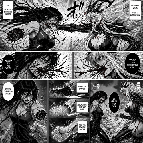 Ua. And the demon queen keeps on fighting. Missing a fist and they punch each other so hard in the face they both cough up blood. Ua uses reverse durability to regenerate her arm.
