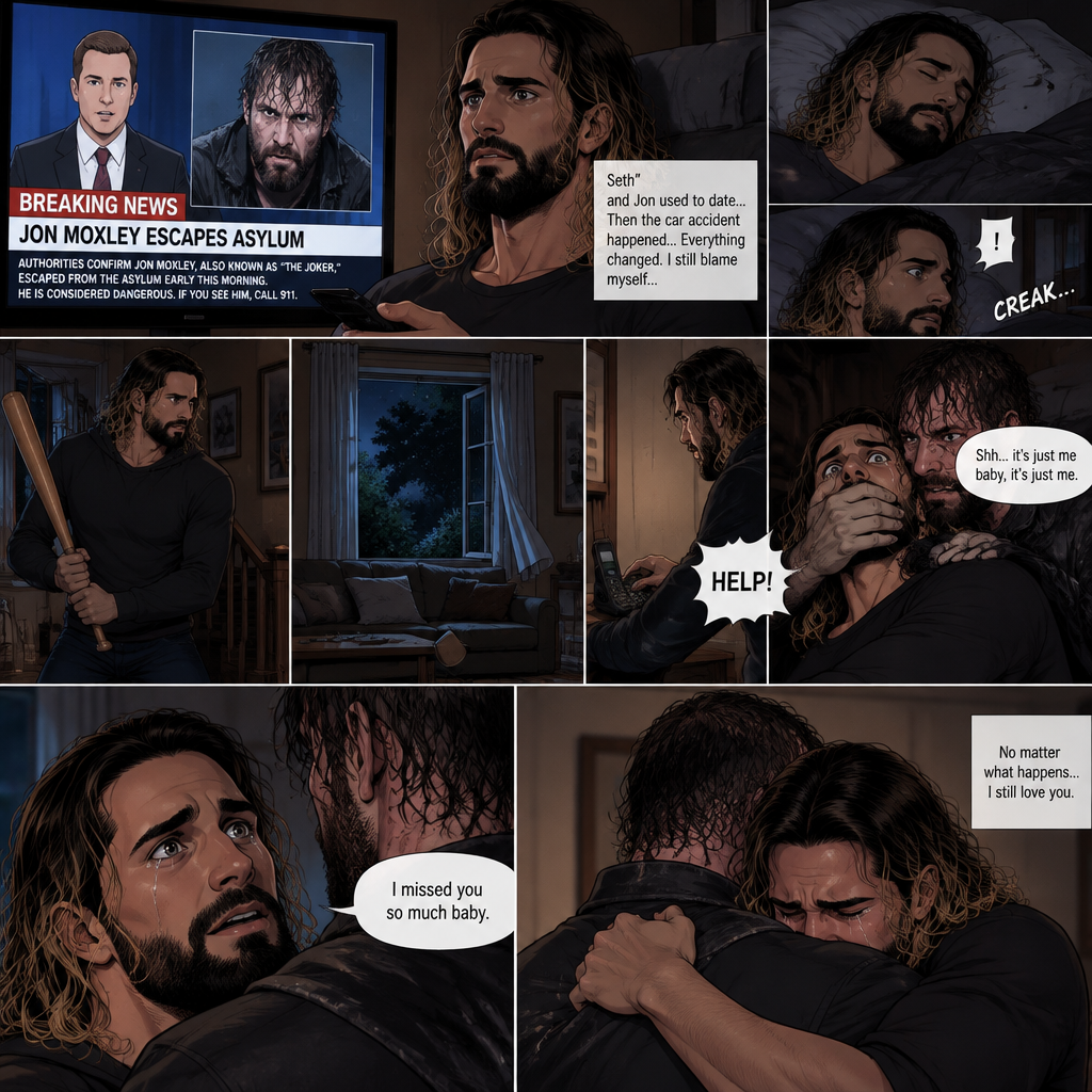 (Recap) Seth Rollins was at his house after a long day,A news report came on tv,The reporter said that Jon Moxley A.KA the Joker had escaped from the asylum that morning,Seth tensed up a bit,he and Jon used to date….then car accident happened witch messed up Jon’s mind,he started behaving erratically becoming the joker,he still loved Seth despite all that,then the cops came and took Jon away,Seth was devastated,he blamed himself ever since,he tried to move on but couldn’t. (And now part 2). Seth was asleep in his bed….then he was woken up by a noise coming from downstairs. He grabbed a bat and walked downstairs,when He got downstairs…he noticed…one of the windows in the living room was open. He got spooked. He ran to his home phone to call the police….but before he picked up the phone….someone grabbed him from behind. “Help!” Seth yelled. The person covered Seth’s mouth. Then he whispered in Seth’s ear “shh,it’s just me baby,it’s just me”. Seth recognized the voice….It was Jon. He removed his hand from Seth’s mouth. He wrapped his arms around Seth. “I missed you so much baby” Jon said Softly. Seth dropped the bat,Then tears rolled down his face. He wrapped his arms around Jon tightly while tears were still pouring down his face as if he were afraid that Jon was gonna be taken away from him again. Jon Gently rubbed Seth’s back