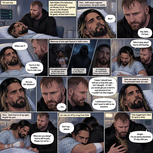 (Part 2 of the Vigilante x detective story). The next day,Seth Rollins (The detective) was still unconscious. Jon Moxley (A.K.A The vigilante known as the shadow) was watching over him. He gently stroked Seth’s head. Then…Seth slowly regained consciousness. He spoke weakly “Mox?”. “Hey Seth…I’m here” Jon said Softly. Seth was silent for a bit before he spoke weakly “Where am I?”. “You’re in the hospital,You’re safe now” Jon said softly. Memories of last night flashed in Seth’s mind,From getting attacked by Bad guys hired By Baron von virus to being saved by the shadow to recognizing his voice before losing consciousness. Seth tried to sit up but couldn’t because of the pain. “Take it easy okay?,You’re still healing” Jon said softly. Seth was quiet for a moment. Jon could tell something was on Seth’s mind. Then…Seth asked Jon the one question that he thought in his mind “Are you the shadow?”. Jon knew this day would come. He didn’t deny it. “…Yes” Jon said softly. Seth was quiet for a moment again. Jon gently took Seth’s hand as he spoke “I know I should have told you a long time ago…but I thought…if I did…you would get put in harm’s way because of me,I couldn’t let that happen”. Seth processed what Jon said. “I understand if you…don’t want to talk to me anymore” said Jon. It was silent for a while…Then Seth tried to sit up again despite the pain. Jon was confused. “What are you doing?,you’re still in pain,Please try not to-“ Jon was cut off By a Hug from Seth. “Don’t go…please” Seth said softly. Jon was caught off guard a little…then he gently hugged Seth back. “Alright…I’m not going anywhere,I’ll stay with you” Jon said softly. They hugged each other for quite a while. (End of part 2)