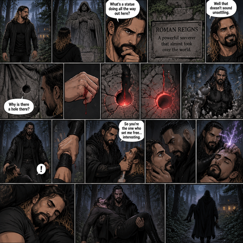 Seth Rollins was walking in the woods near his house,Then…he discovered an old statue Of a man in a cloak (Roman Reigns). “What’s a statue doing all the way out here?” Seth asked himself. He looks at the nameplate “Roman Reigns,A powerful sorcerer that almost took over the world”. “Well that doesn’t sound unsettling” Seth said to himself sarcastically. Then he noticed a hole on the statue. “Why is there a hole there?” Seth asked himself. Then….Seth somehow accidentally cut his hand. A little bit of his blood dripped into the hole,Then…..the hole started glowing,Then the statue….started to crack. Then…the statue broke apart….revealing…the sorcerer himself. Seth was shocked. The sorcerer looked down at Seth. Seth was about to scramble away…but the sorcerer grabbed His wrist before he could get away. He pulled Seth up off the ground by the wrist. He looked at the cut on Seth’s hand. Then he looked back at Seth. Then..the sorcerer spoke “so you’re the one who set me free…interesting”. Seth’s heart was pounding. The sorcerer pulled Seth toward him to get a closer look. He looked at Seth’s eyes. Then…the sorcerer used a spell to make Seth sleep. He held Seth. Then he lifted Seth in his arms. (End of part 1)