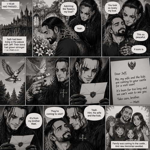 (Part 4 of the dark angel X human story). 1 year had passed,Jeff Hardy (The dark angel king) and Seth Rollins are more closer than ever. Seth had been living in the palace with Jeff. One day Seth was in the garden. Jeff walked behind him. “Admiring the flowers my love?” Jeff asked. Seth smiled softly. “Yeah” Seth said softly. Jeff gently pulled Seth in his embrace. “You look so lovely my love” Jeff said softly. Seth hummed softly. “This so peaceful” Seth said softly. “It sure is” Jeff said softly. Then a messenger bird flew in with a letter. Jeff gently picked up the letter and opened it,It was from his brother Matt saying that he and his wife and kids are coming to Jeff’s castle for a visit