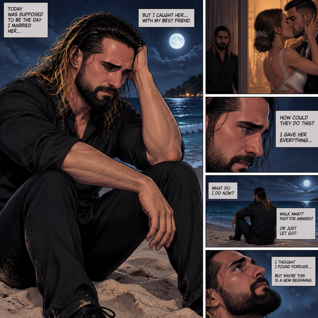 Seth Rollins was on a beach alone at night crying. He was about to be married today….but he caught the bride cheating on him with his best friend. He’s lost in thought about what to do