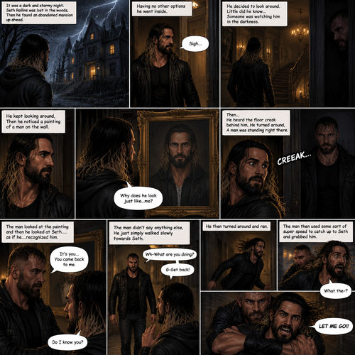 It was a dark and stormy night.Seth Rollins was lost in the woods,Then he found an abandoned mansion up ahead.Having no other options he went inside.He sighed heavily.He decided to look around,Little did he know…Someone was watching him in the darkness.He kept looking around,Then he noticed a painting of a man on the wall,He couldn’t help but notice…that the man in the painting…looked just like…him. “Why does he look just like…me?” Seth asked himself.Then…He heard the floor creak behind him,He turned around,A man (Jon Moxley) was standing right there.The man Looked at the painting and then he looked at Seth…..as if he….recognized him. “It’s you…You came back to me” The man said softly to Seth.Seth was confused. “Do I know you?” Seth asked.The man didn’t say anything else,He just simply walked slowly towards Seth.Seth got nervous and walked backwards slowly. “Wh-What are you doing?” Asked Seth. “G-Get back!” Said Seth.He then turned around and ran.The man then used some sort of super speed to catch up to Seth and grabbed him. “What the-?” Asked Seth. He struggled. “LET ME GO!!” Seth shouted