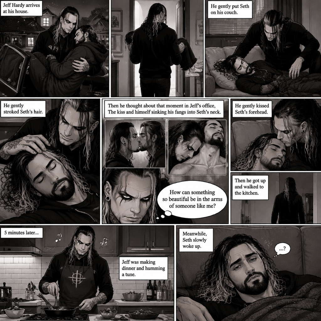 (Part 5 of the Vampire x human story) Jeff Hardy arrives at his house. He walks to the passenger side and gently lifts the sleeping Seth Rollins in his arms. He walks inside,Then he gently put Seth on his couch. He gently stroked Seth’s hair. Then he thought about that moment in Jeff’s office,The kiss and himself sinking his fangs into Seth’s neck. “How can something so beautiful be in the arms of someone like me?” Jeff asked himself. He gently kissed Seth’s forehead,Then he got up and walked to the kitchen. 5 minutes later,Jeff was making dinner and humming a tune. Meanwhile,Seth slowly woke up