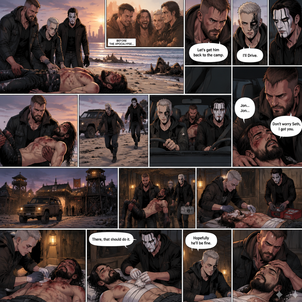 Part 3 of the apocalypse story.Jon Moxley,Darby Allin and Steven Borden (Sting’s son) Found Seth Rollins unconscious and badly injured on the beach while reminiscing about the time before the apocalypse.They had no idea what happened to him.Seth’s breathing was a bit shallow. “Let’s get him back to the camp” Said Jon. “I’ll Drive” Said Darby. Darby and Steven ran to the car,Jon lifted Seth in his arms and followed behind.Darby got in the driver’s seat,Steven got in the passenger seat and Jon got in the back while holding Seth,They drove to the camp,Then….Seth started saying Jon’s name in his unconsciousness,”Jon…Jon”,Jon held Seth tightly. “Don’t worry Seth,I got you” Jon whispered.They arrived at the camp,They got out and ran inside.Darby cleared a bed,Jon gently put Seth on it.Steven gets the medical kit while Darby Cleans Seth’s wounds,After Darby was done Steven bandaged Seth’s wounds. “There,that should do it” Said Steven. “Hopefully he’ll be fine” Said Darby. Jon gently stroked Seth’s head