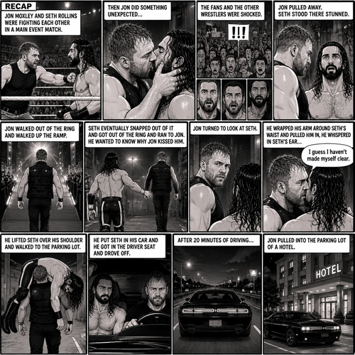 (Recap). Jon Moxley and Seth Rollins were fighting each other in a main event match,Then Jon did something unexpected,He kissed Seth in the middle of the match,the fans and the other wrestlers were shocked,Jon pulled away,Seth stood there stunned,Jon walked out of the ring and walked up the ramp,Seth eventually snapped out of it and got out of the ring and ran to Jon,he wanted to know why Jon kissed him,Jon turned to look at Seth,he wrapped his arm around Seth’s waist and pulled him in,he whispered in Seth’s ear “I guess I haven’t made myself clear”,He lifted Seth over his shoulder and walked to the parking lot,he put Seth in his car and he got in the driver seat and drove off. (And now part 2) After 20 minutes of driving Jon pulled into the parking lot of a hotel