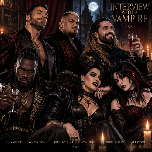 LA Knight,Solo Sikoa,Seth Rollins,Oba Femi,Rhea Ripley and Ari Stone (My wrestler oc) in Interview with a vampire 