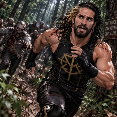 We’re in the woods during a zombie apocalypse,Someone was running…and that someone…was Seth Rollins