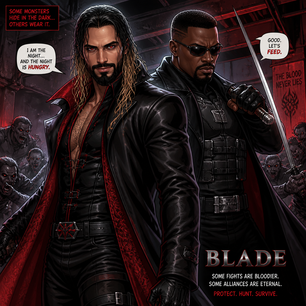 WWE Superstar Seth Rollins as a Vampire in Blade (Movie) (He and blade are working together to protect people)