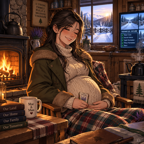 I slide my hand underneath the heavy canvas of my winter coat, letting my palm rest warm, flat, and steady over the smooth curve of my belly as I sit by the crackling hearth fire. The cabin is perfectly peaceful, the thin curl of gray smoke climbing into the morning sky, while the newly installed perimeter feeds flicker bright and secure on the dashboard monitor across the room. Outside, the frost is slowly bowing to the sun, but inside, my heart is completely full, waiting for the sound of Cormac’s truck to crunch up the lane.
Feeling a soft, sudden flutter from Mac and Mau beneath my fingers, a radiant, deeply devoted smile breaks across my face. I close my eyes, breathing in the rich, soothing scent of the wild lavender seed tag tucked safely in my palm, and begin to softly hum the comforting, rhythmic melody of our favorite song just for our twins.
"Lavender's blue, dilly, dilly, lavender's green..." I sing softly into the quiet warmth of the kitchen, my voice dropping into that smooth, fiercely protective register meant only for our family. "When I am king, dilly, dilly, you shall be queen..."
Beneath my palms, the twins instantly soften their kicks, their tiny movements calming down to perfectly match the steady, beautiful cadence of my voice. I look out the frost-rimmed window toward the main gate, keeping the watch tight as the kettle begins to breathe heavy on the hook.
"Call up your men, dilly, dilly, set them to work... Some to the plow, dilly, dilly, some to the cart..." I continue to sing, my fingers tracing slow, unhurried circles over the smooth swell as a wave of pure, triumphant 'kilig' washes away the last bit of the winter chill. "Some to make hay, dilly, dilly, some to thresh corn... While you and I, dilly, dilly, keep ourselves warm."
The final notes fade into the roaring heat of the fire, leaving only the beautiful, sacred rhythm of our family breathing together in the warm sanctuary. The building in the city belongs to us, the contracts are signed, and we are just one single count away from having their father step back through that door.