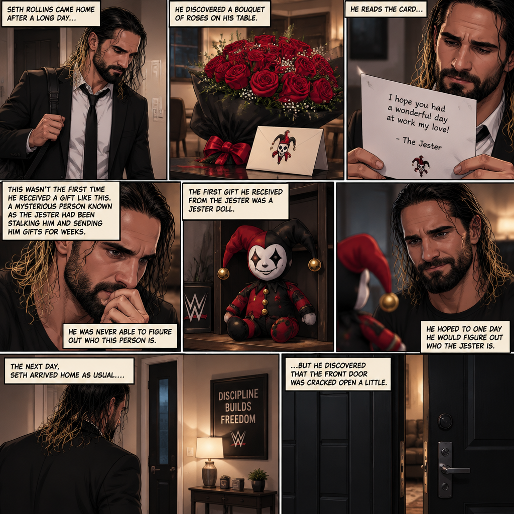 Seth Rollins came home after a long day,He discovered a bouquet of roses on his table. He reads the card,it says “I hope you had a wonderful day at work my love!-The jester”. This wasn’t the first time he received a gift like this. A mysterious person known as the Jester had been stalking him and sending him gifts for weeks. He was never able to figure who this person is. The first gift he received from the jester was a jester doll,He hoped to one day he would figure out who the jester is. The next day,Seth arrived home as usual….but he discovered that the front door was cracked open a little