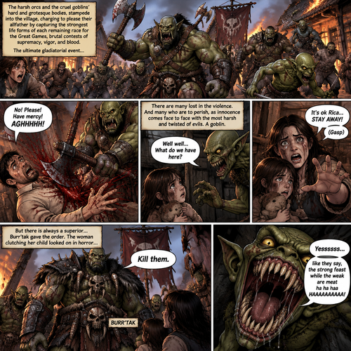 The harsh orcs and the cruel goblins' hard and grotesque bodies, stampede into the village, charging to please their allfather by capturing the strongest life forms of each remaining race for the Great Games, brutal contests of supremacy, vigor, and blood. The ultimate gladiatorial event… 

CITIZEN: No! Please! Have mercy! AGHHHHH! (Is cleaved by an orc wielding an axe)

There are many lost in the violence. And many who are to perish, as innocence comes face to face with the most harsh and twisted of evils. A goblin.

GOBLIN: Well well… What do we have here?

THE MOTHER: It’s ok Rica… STAY AWAY! (Gasp)

But there is always a superior… Burr’tak gave the order. The woman clutching her child looked on in horror… 

BURR’TAK: Kill them

GOBLIN: Yessssss… like they say, the strong feast while the weak are meat ha ha haa HAAAAAAAAA! (The goblin opens its large mouth of long sharp teeth)
