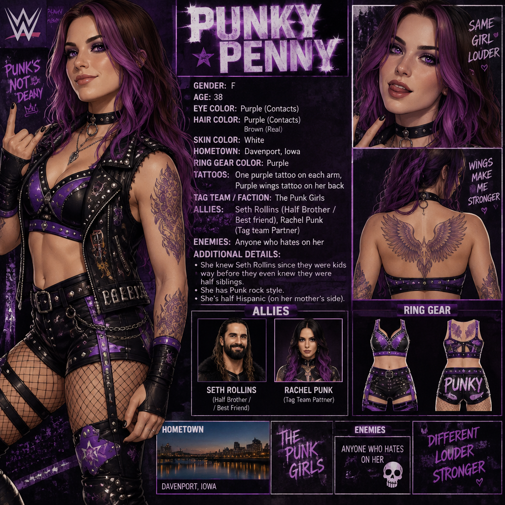WWE wrestler oc info card Punky Penny
Gender:F
Age:38
Eye Color:Purple (Was brown)
Hair Color:Purple (Eye contacts) Brown (Real)
Skin Color:White
Hometown:Davenport,Iowa
Ring gear Color:Purple
Tattoos:One purple Tattoo on each arm,Purple wings tattoo on her back
Tag team/Faction:The punk girls
Allies:Seth Rollins (Half Brother/Best friend),Rachel Punk (Tag team Partner)
Enemies:Anyone who hates on her
Additional details:She knew Seth Rollins since they were kids way before they even knew they were half Siblings,She has Punk rock style, She’s half Hispanic (On her mother’s side)